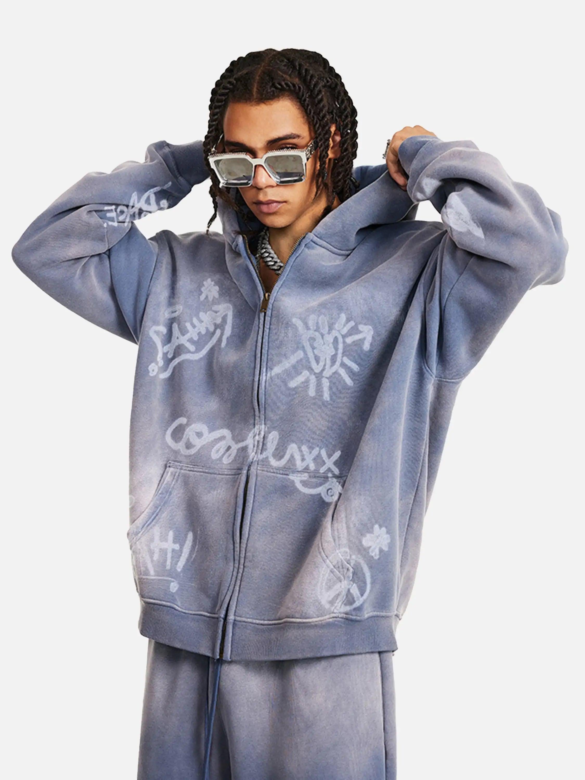 Hand-Drawn Graffiti Washed Thick Hoodie