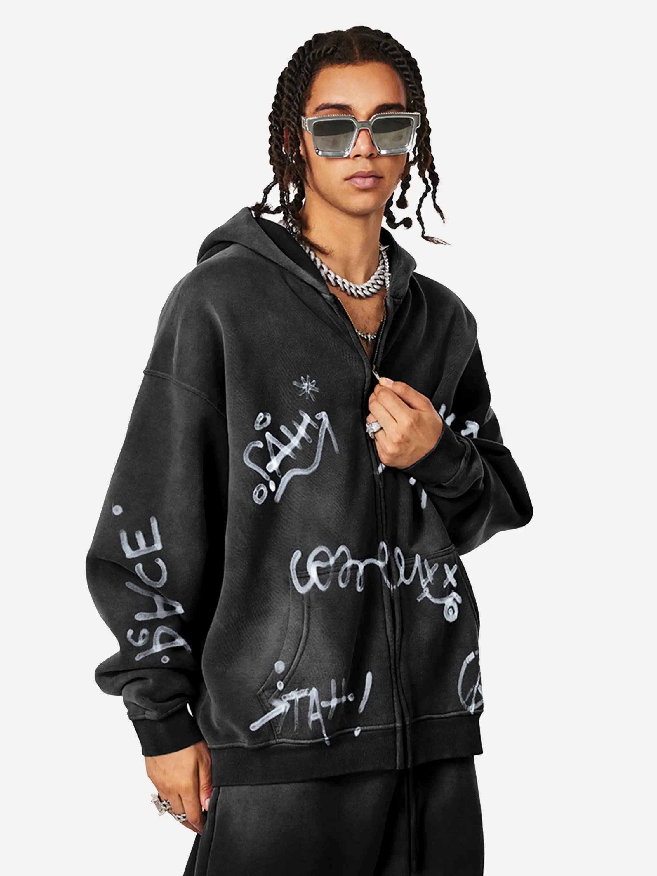 Hand-Drawn Graffiti Washed Thick Hoodie