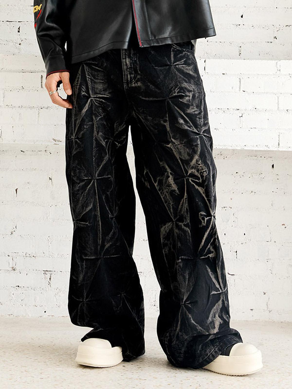 Heavy Washed Distressed Pleated Baggy Jeans