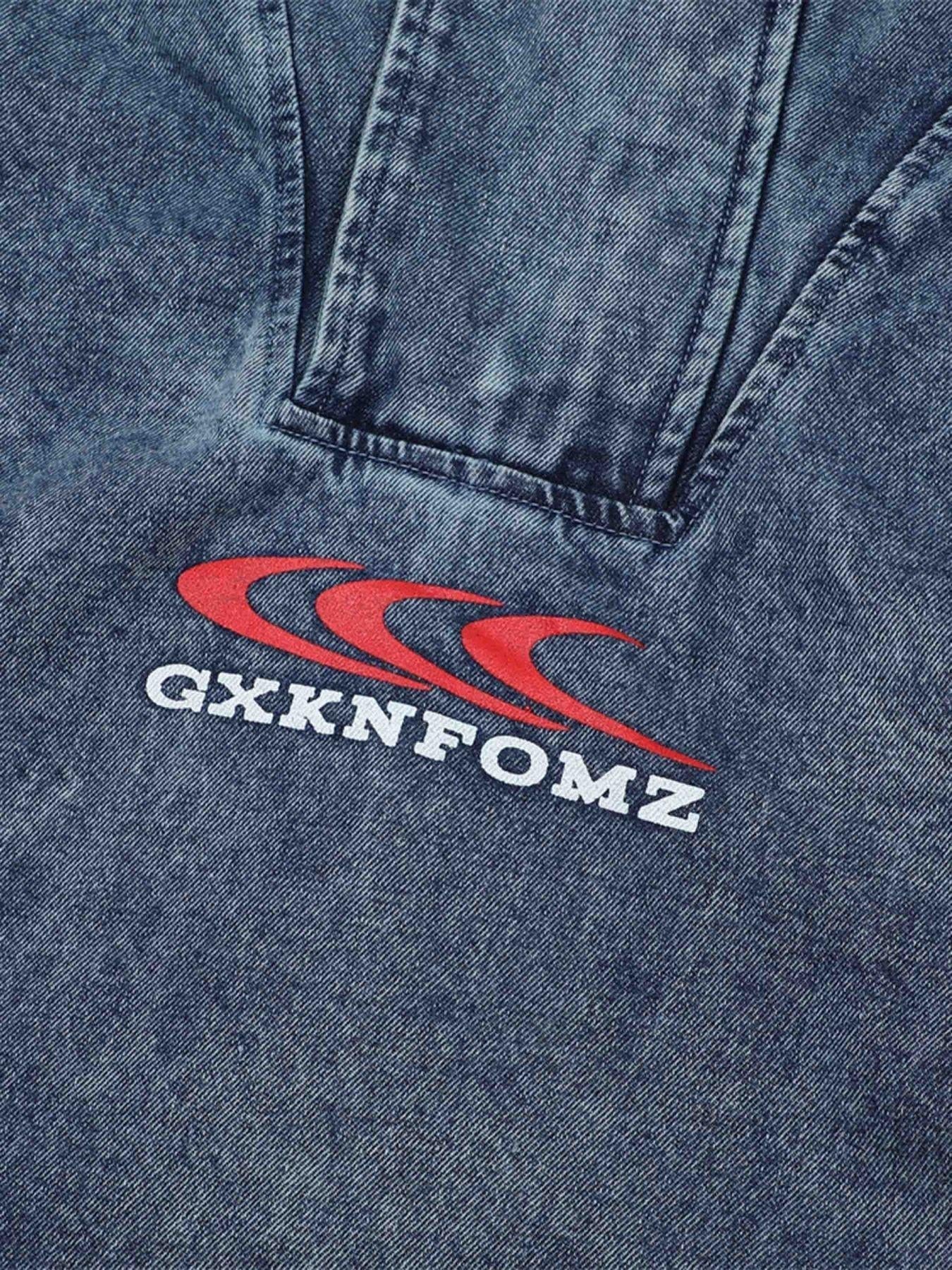 High-Neck Hooded Wash Denim Jacket
