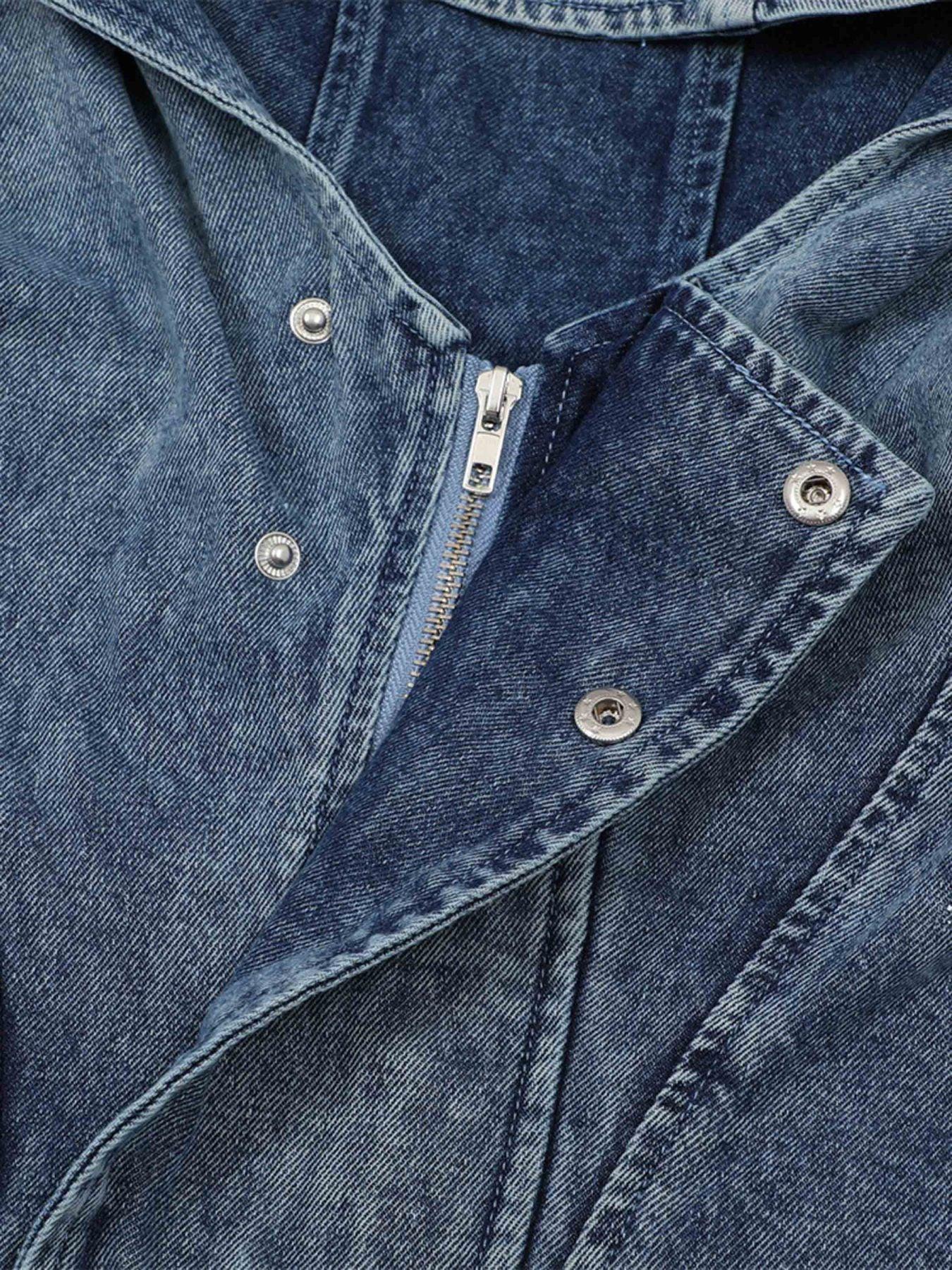 High-Neck Hooded Wash Denim Jacket