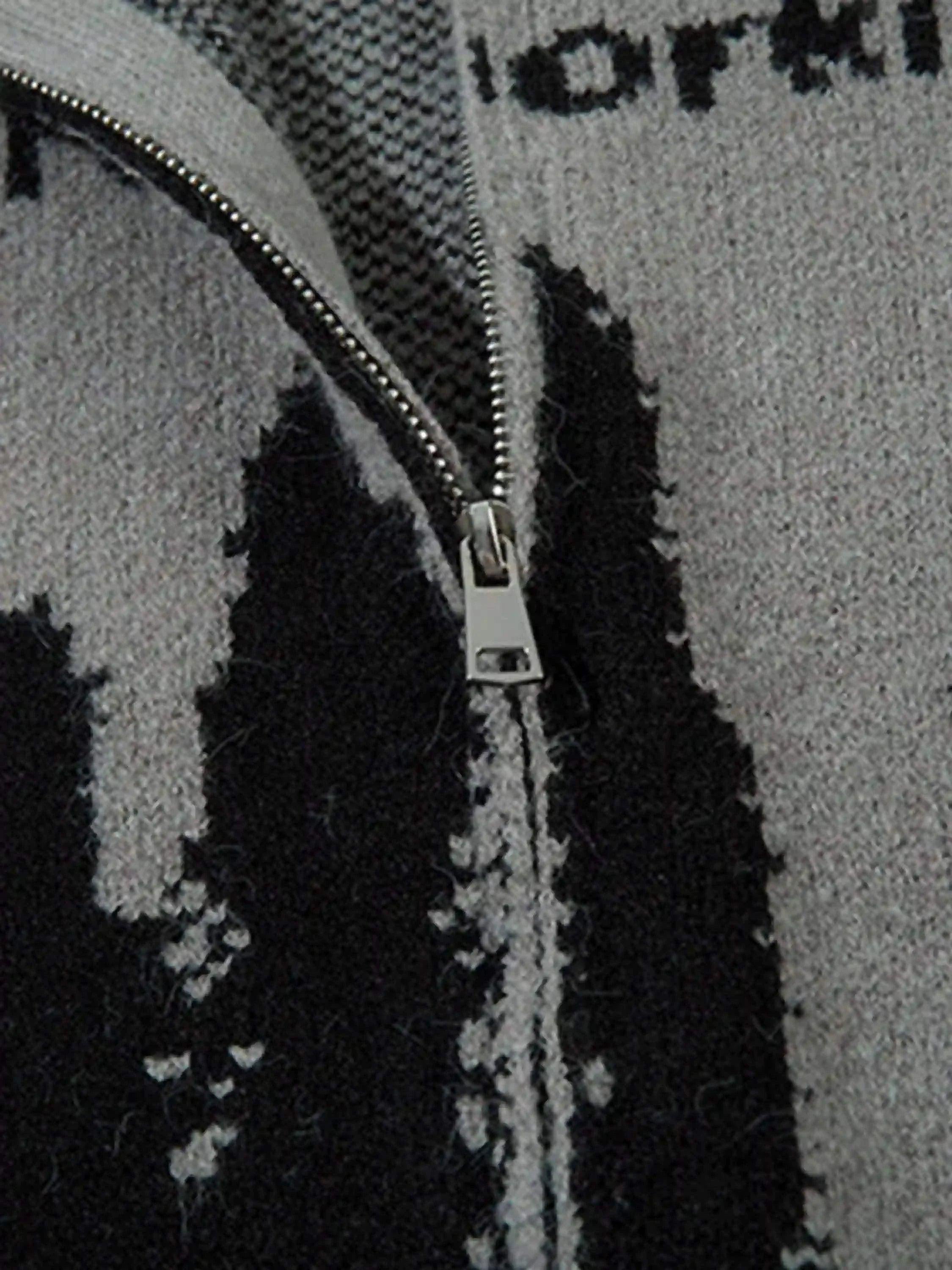 High Street Abstract Pattern Zipper Stand Collar Cardigan