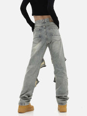 High Street Washed And Torn Work Pockets Denim Pants