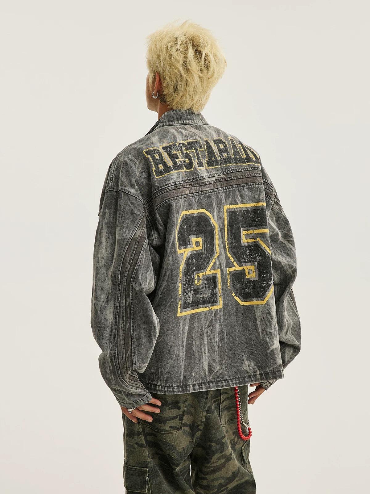Hip-Hop Distressed Washed Printed Denim Jacket