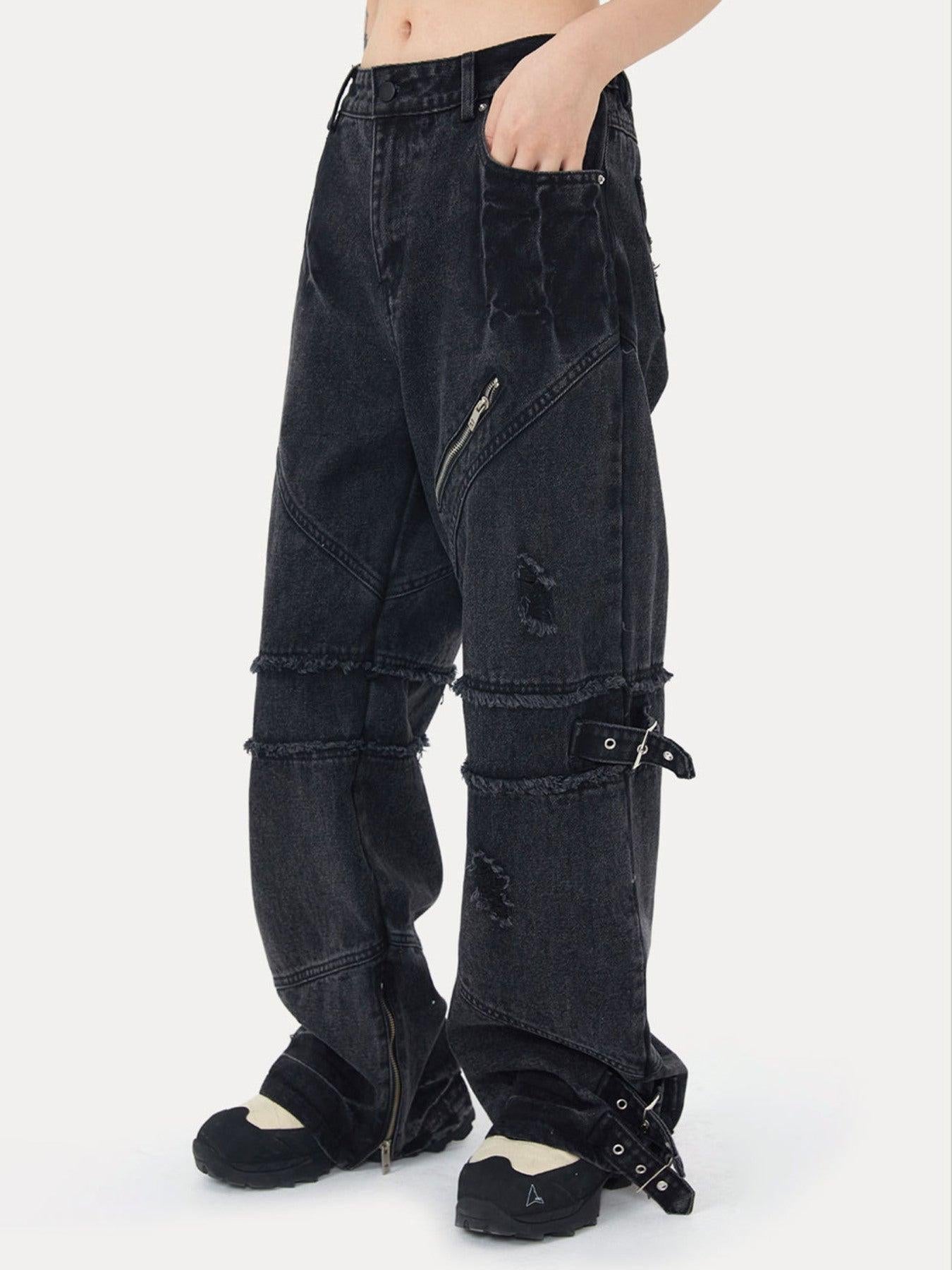 Hip-Hop Retro Wash Denim Straight-Leg Pants