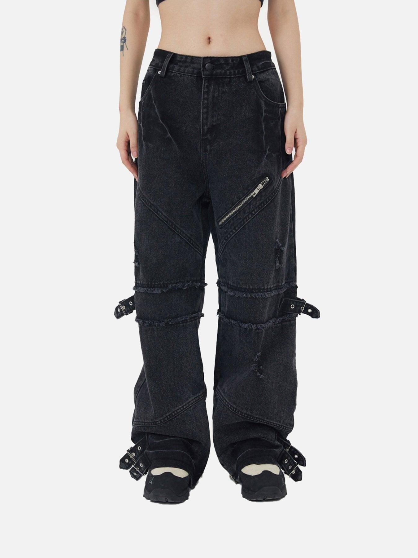 Hip-Hop Retro Wash Denim Straight-Leg Pants