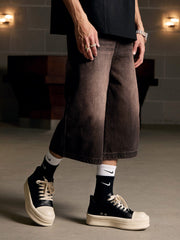 Distressed Washed Denim Cropped Jorts
