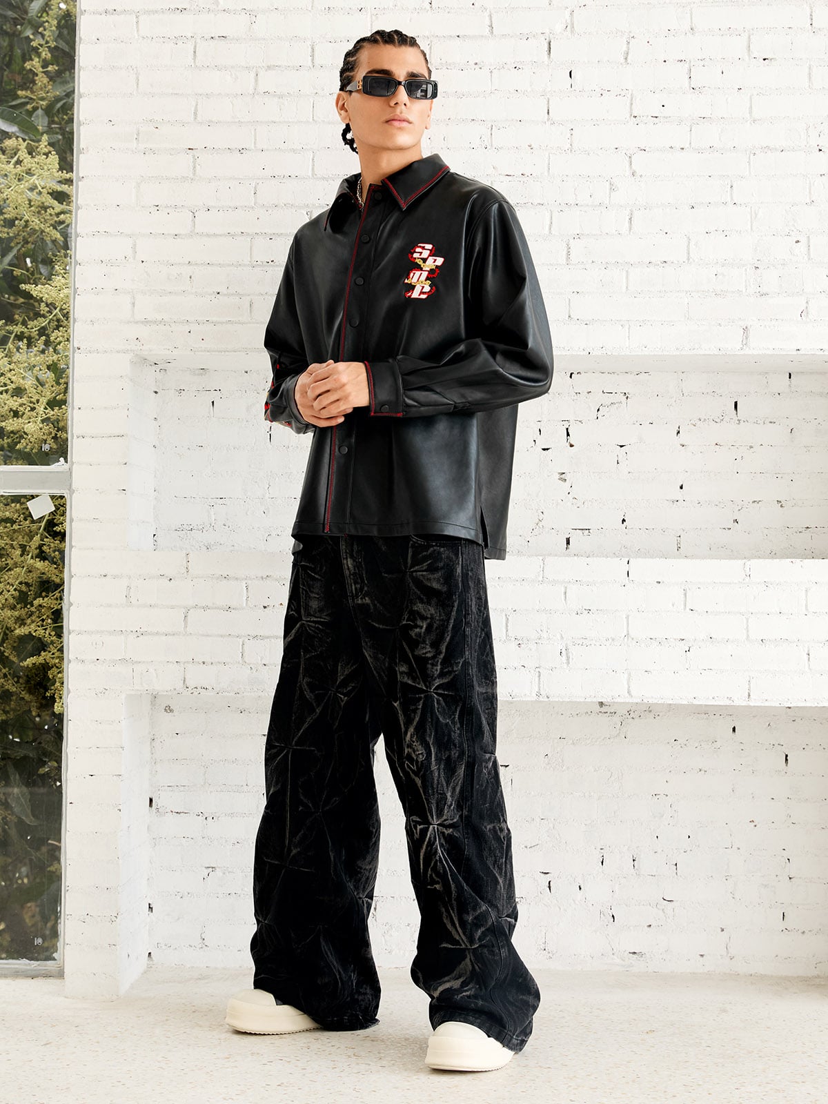 Denim Heavy Washed Distressed Pleated Baggy Jeans