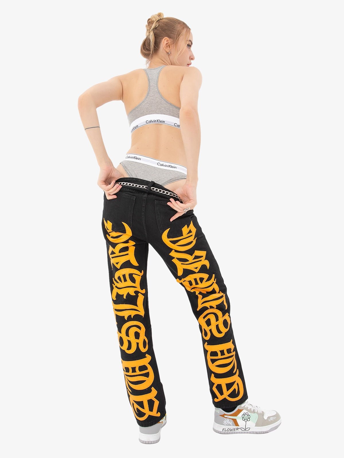 Burning Text Embroidered Letters Jeans