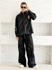 Denim Heavy Washed Distressed Pleated Baggy Jeans