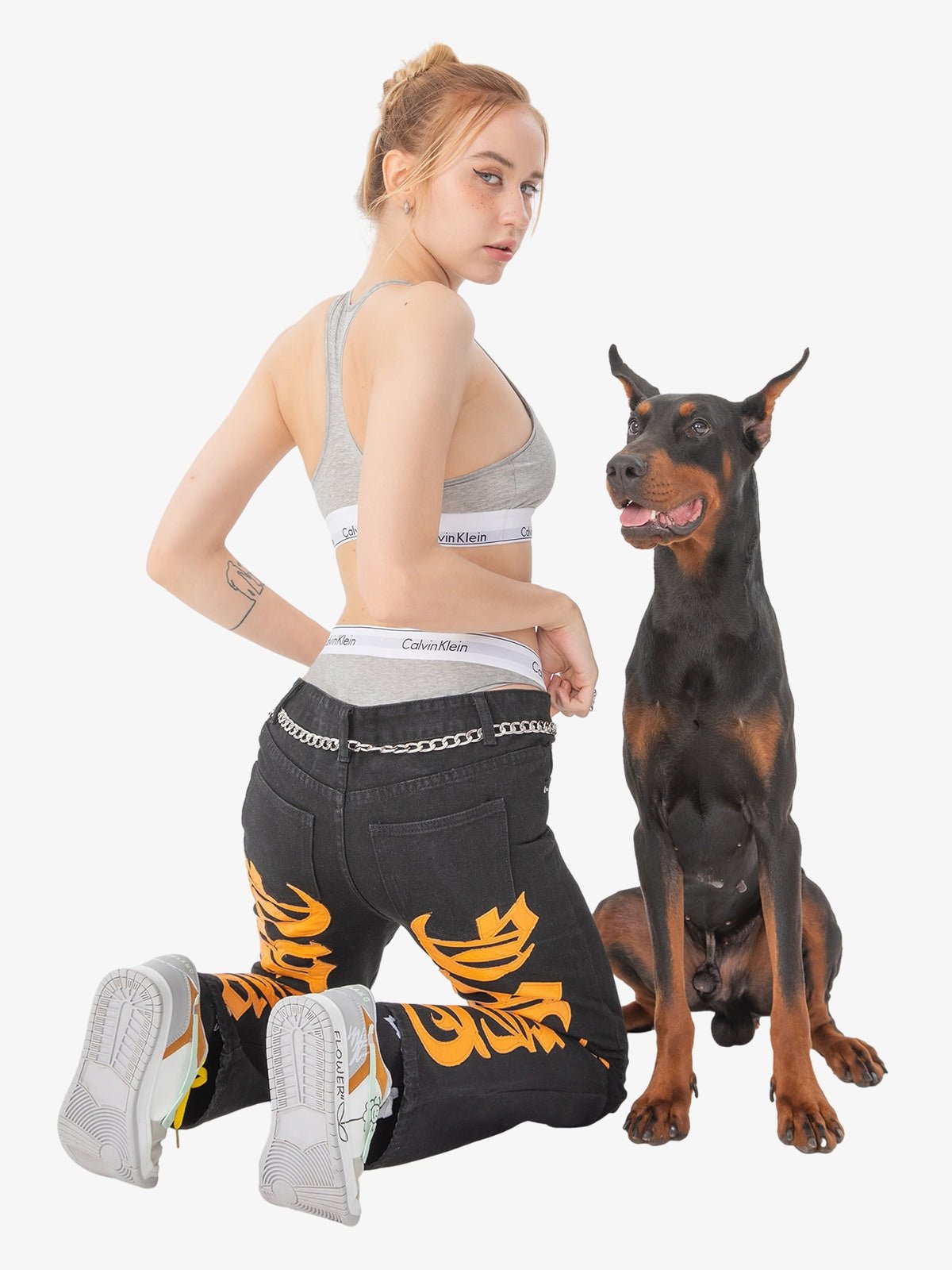 Burning Text Embroidered Letters Jeans