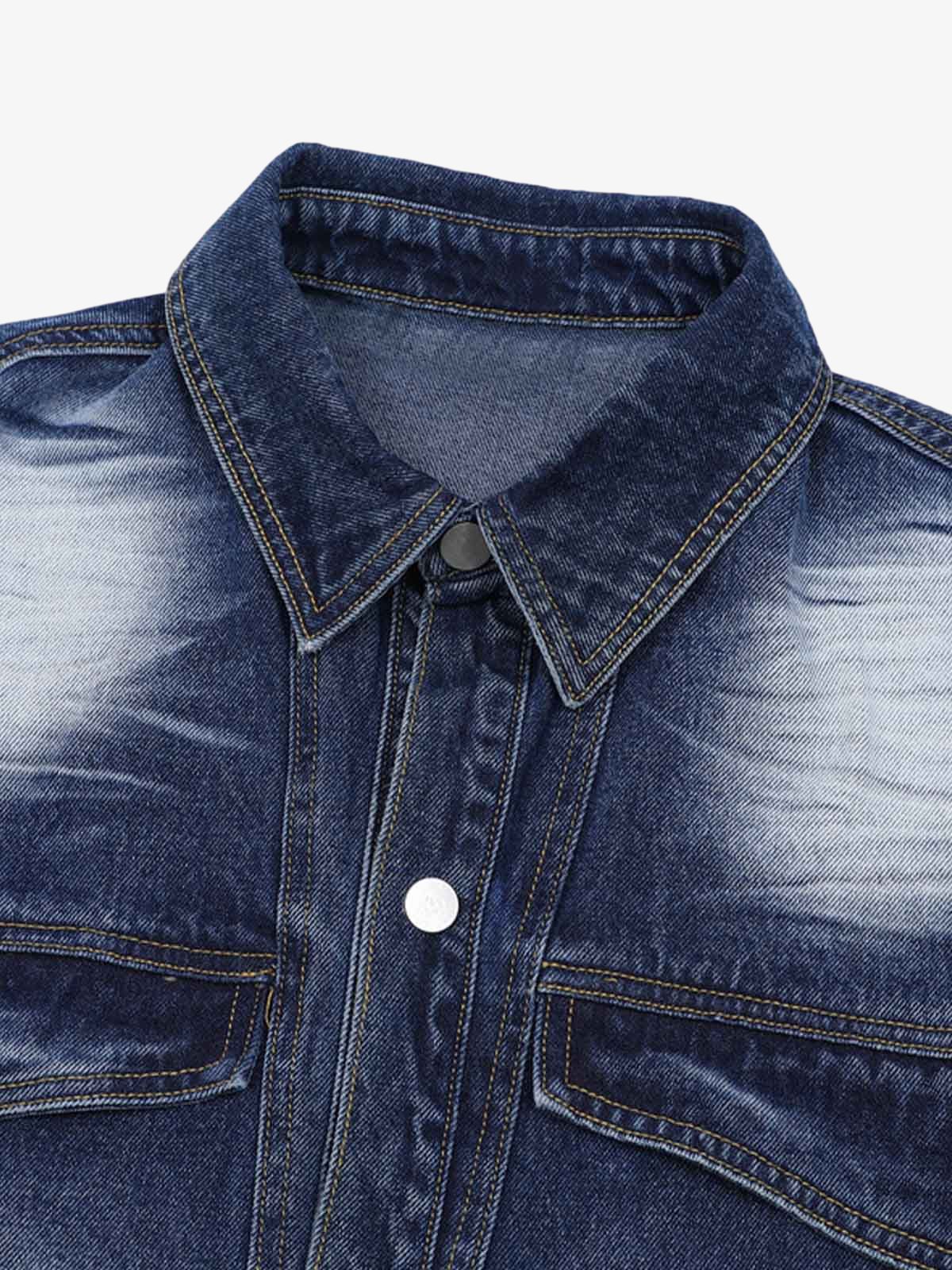 Distressed Washed Workwear Denim Shirt And Jorts Set