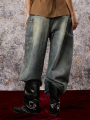 Washed Distressed Split Drawstring Barrel Jeans