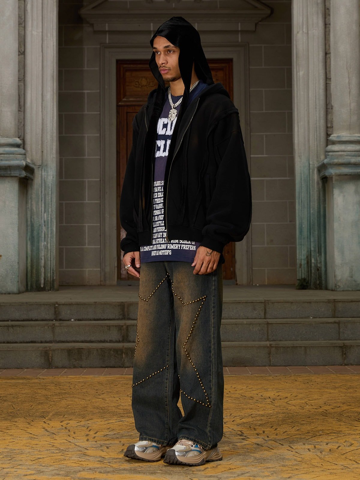 Distressed Patchwork Velvet Cardigan Hooded Sweatshirt