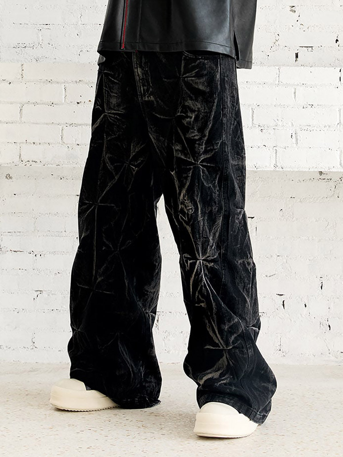 Denim Heavy Washed Distressed Pleated Baggy Jeans