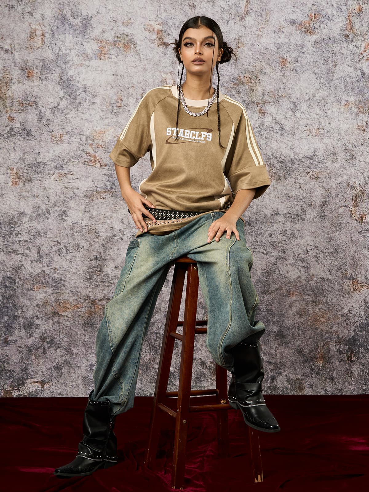 Suede Contrast Color Spliced Letter Embroidery Oversize T-Shirt