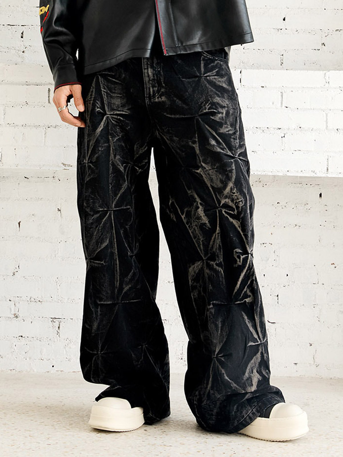 Denim Heavy Washed Distressed Pleated Baggy Jeans
