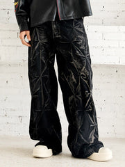 Denim Heavy Washed Distressed Pleated Baggy Jeans