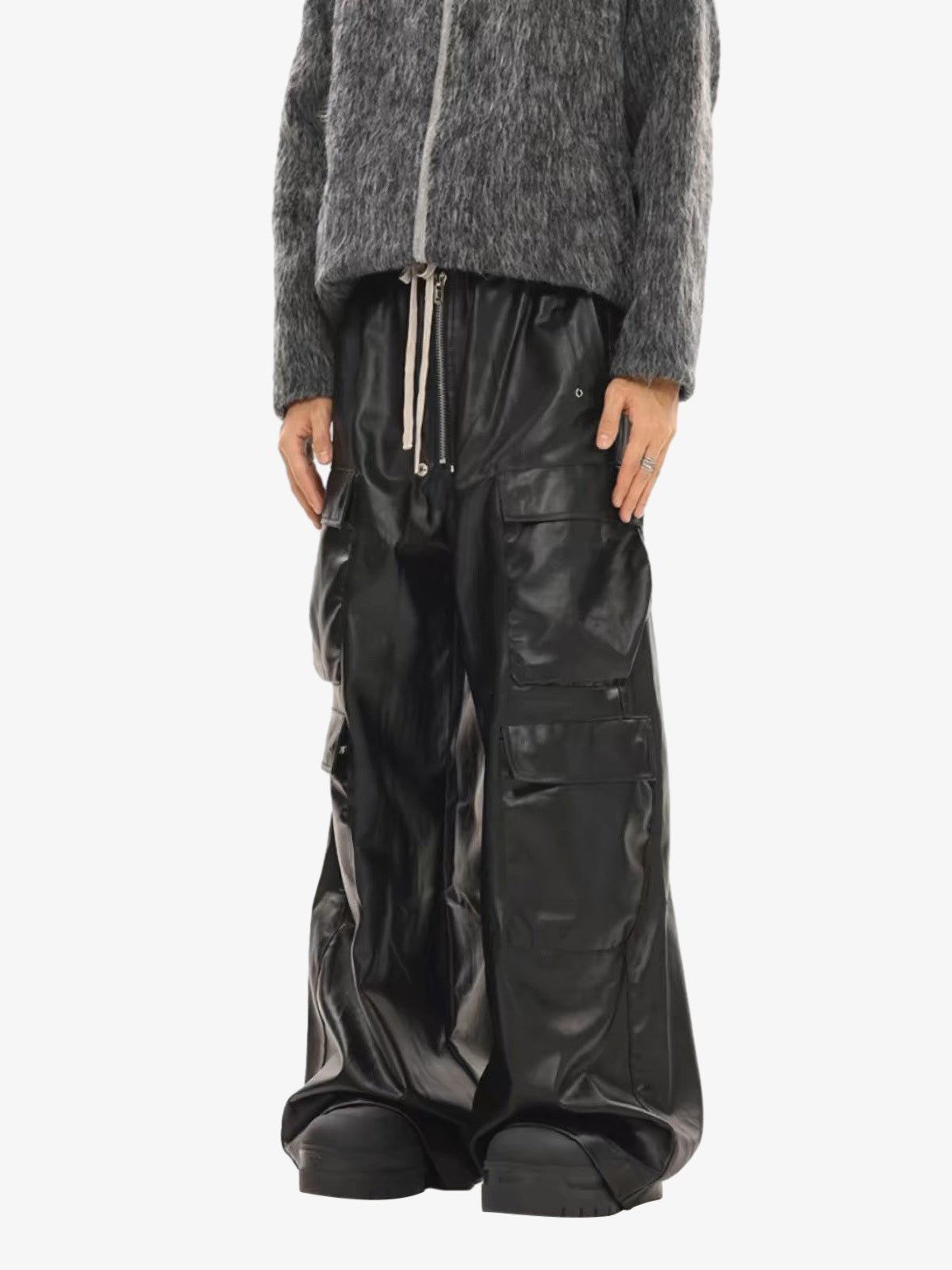 RO-style multi-pocket matte coated pants