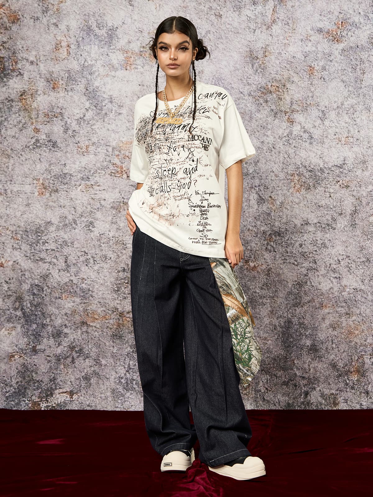 Deconstructed Contrast Stitching Pleated Baggy Barrel Jeans