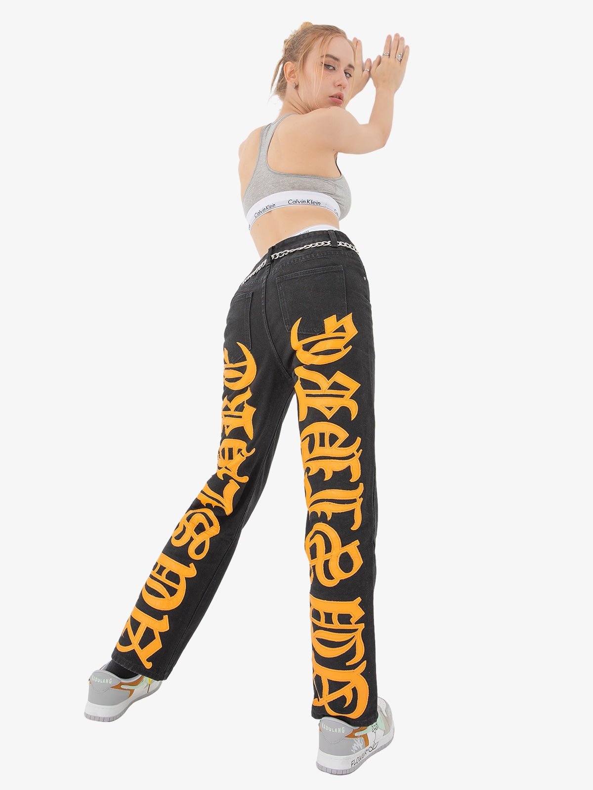 Burning Text Embroidered Letters Jeans