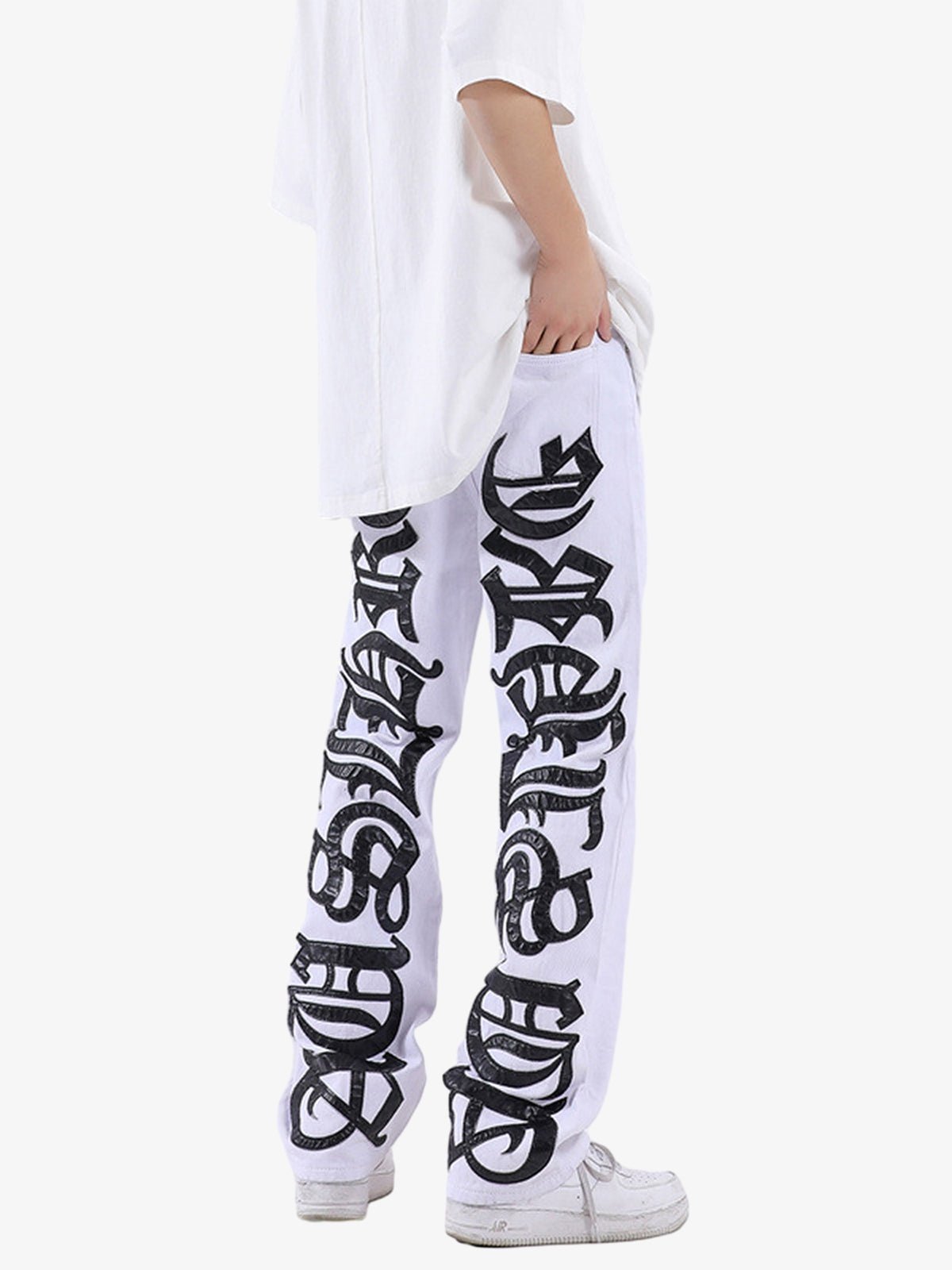 Burning Text Embroidered Letters Jeans