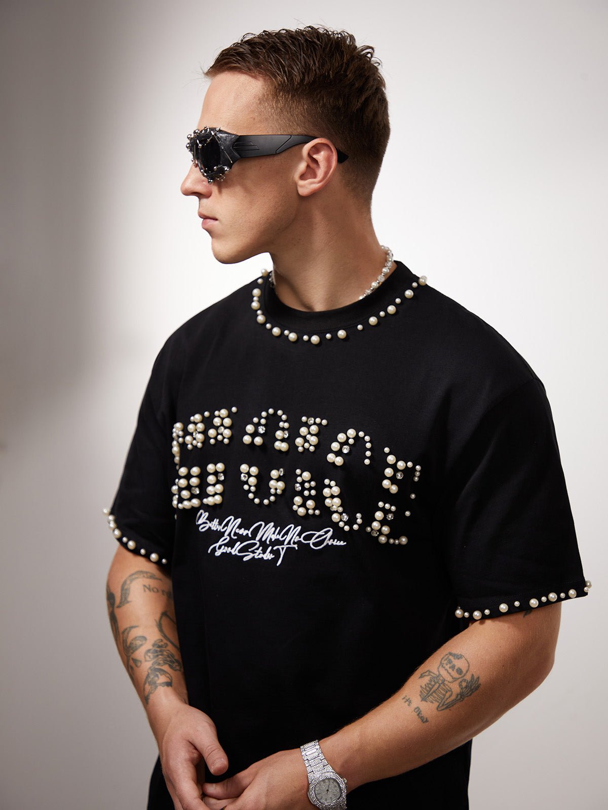 Elegant Pearl-Embellished Oversized T-Shirt