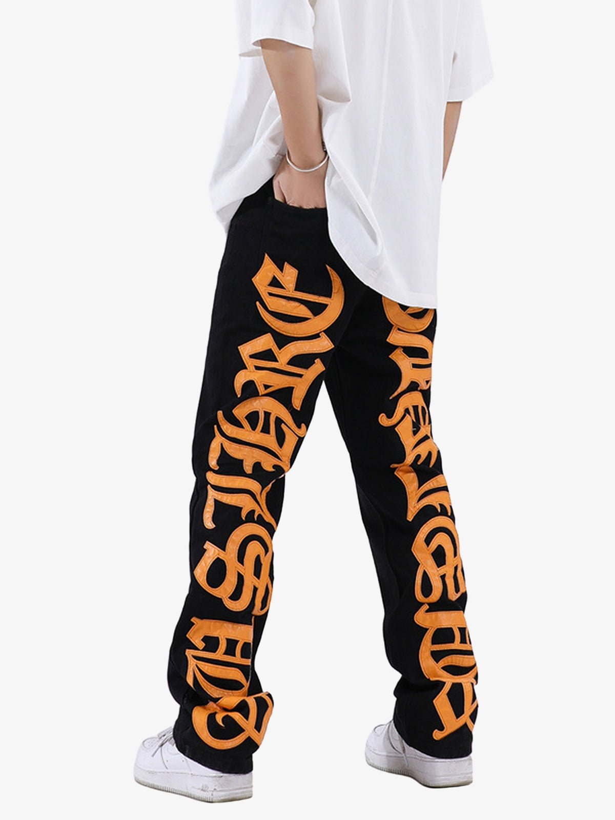 Burning Text Embroidered Letters Jeans