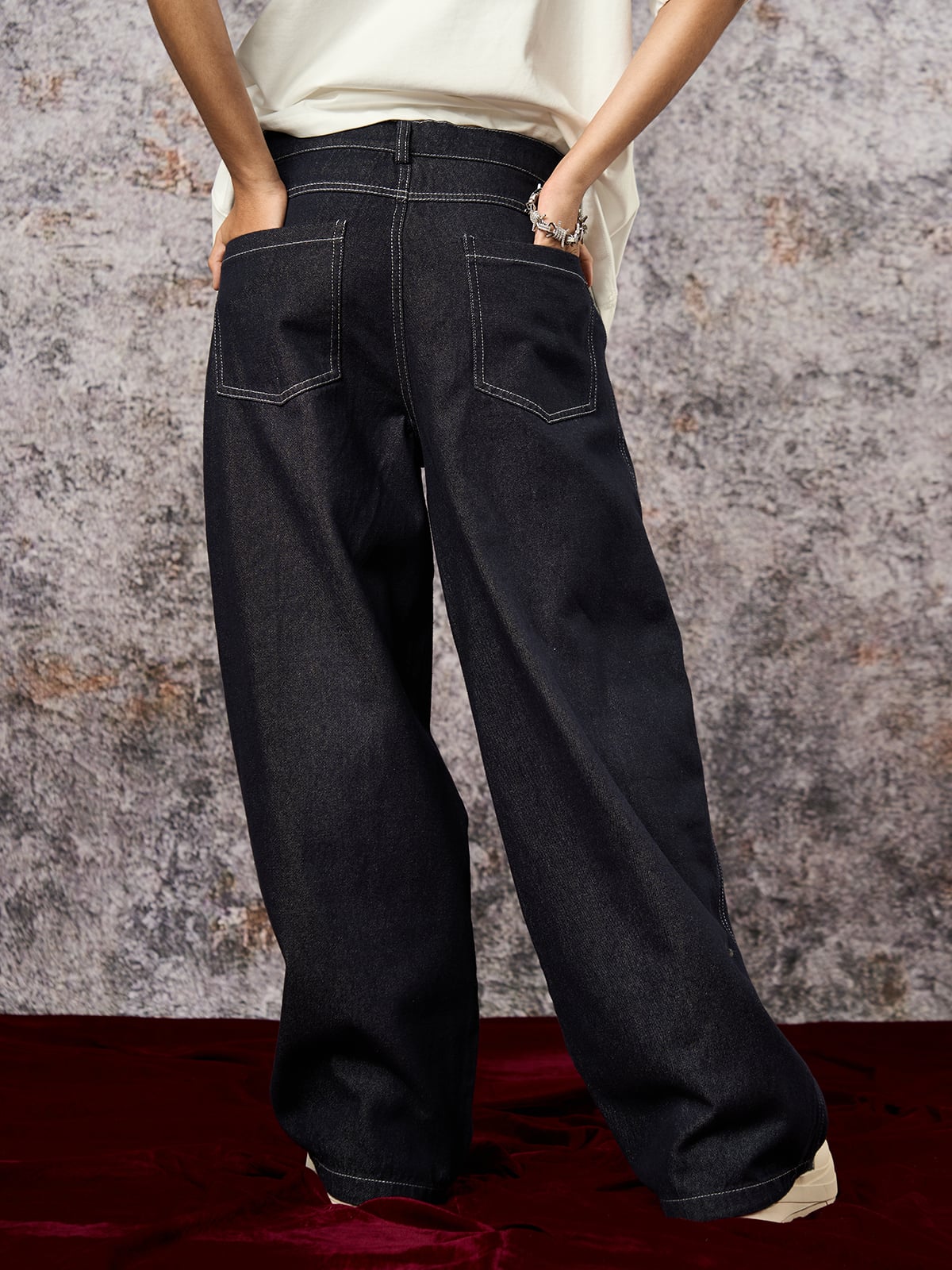 Deconstructed Contrast Stitching Pleated Baggy Barrel Jeans