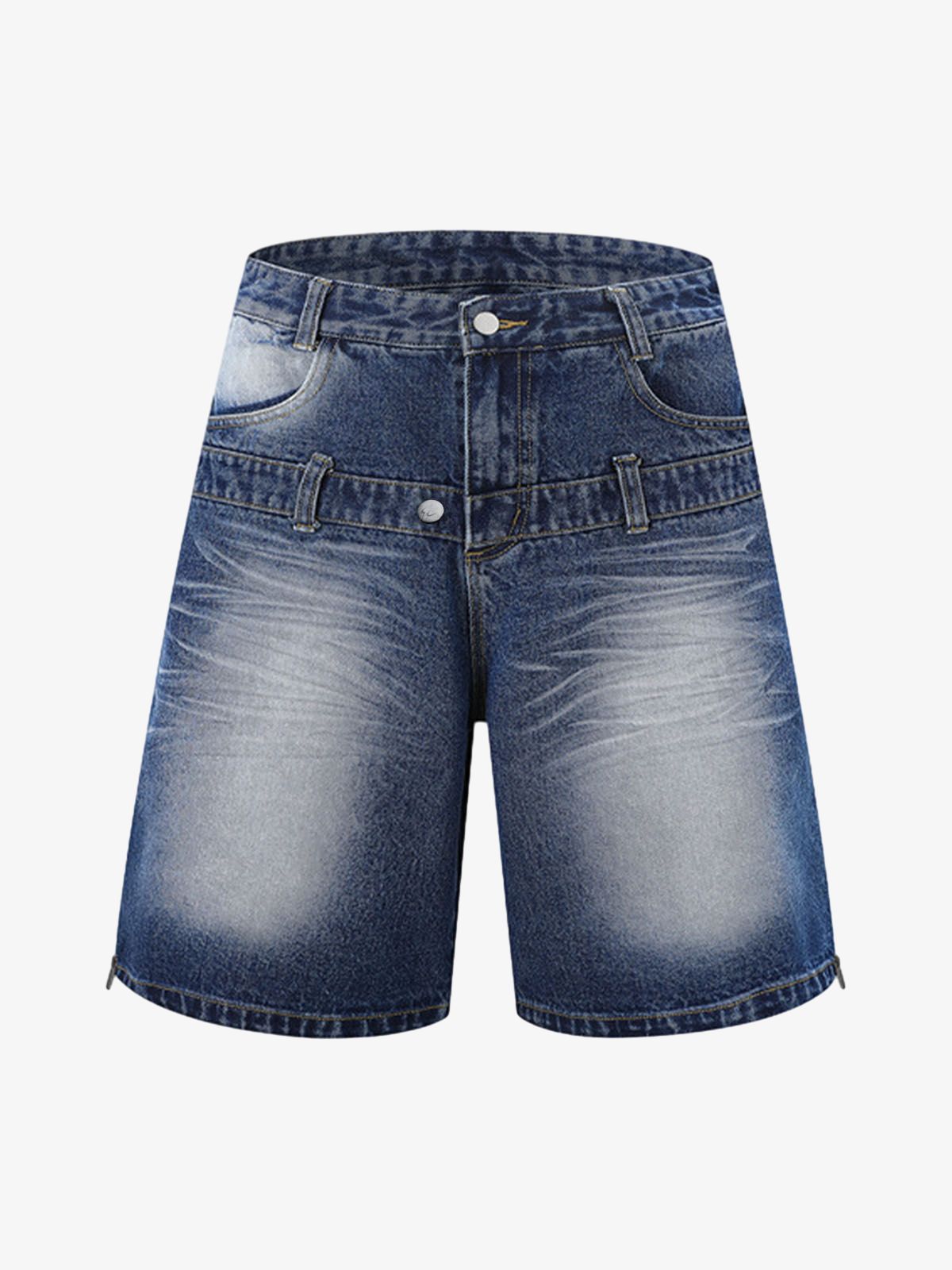 Distressed Washed Workwear Denim Shirt And Jorts Set