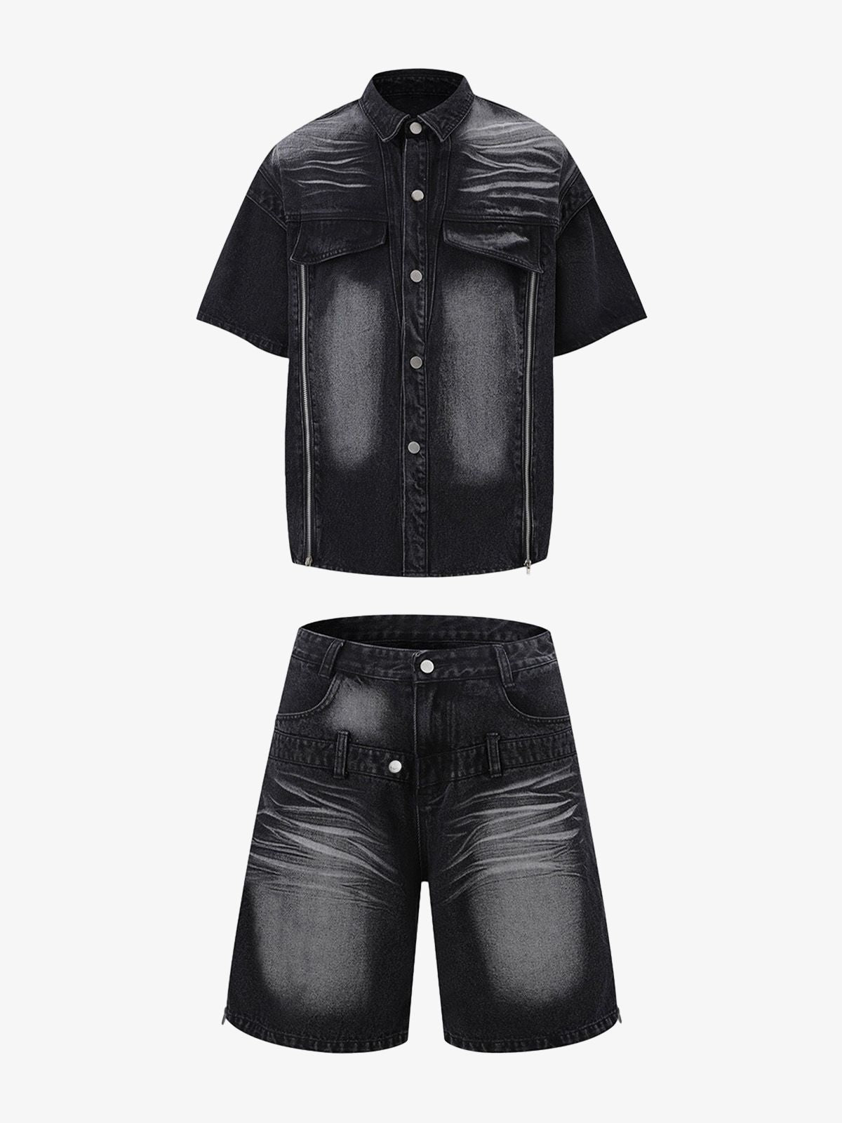 Distressed Washed Workwear Denim Shirt And Jorts Set