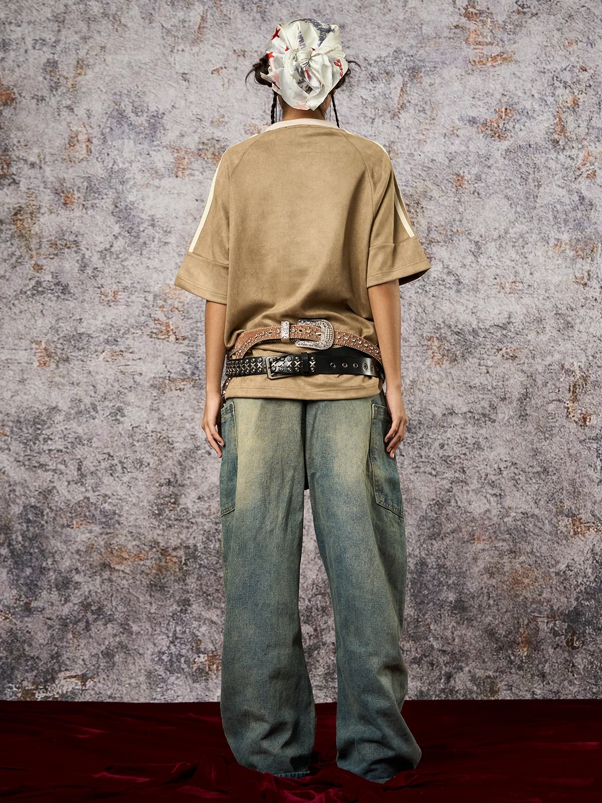 Suede Contrast Color Spliced Letter Embroidery Oversize T-Shirt