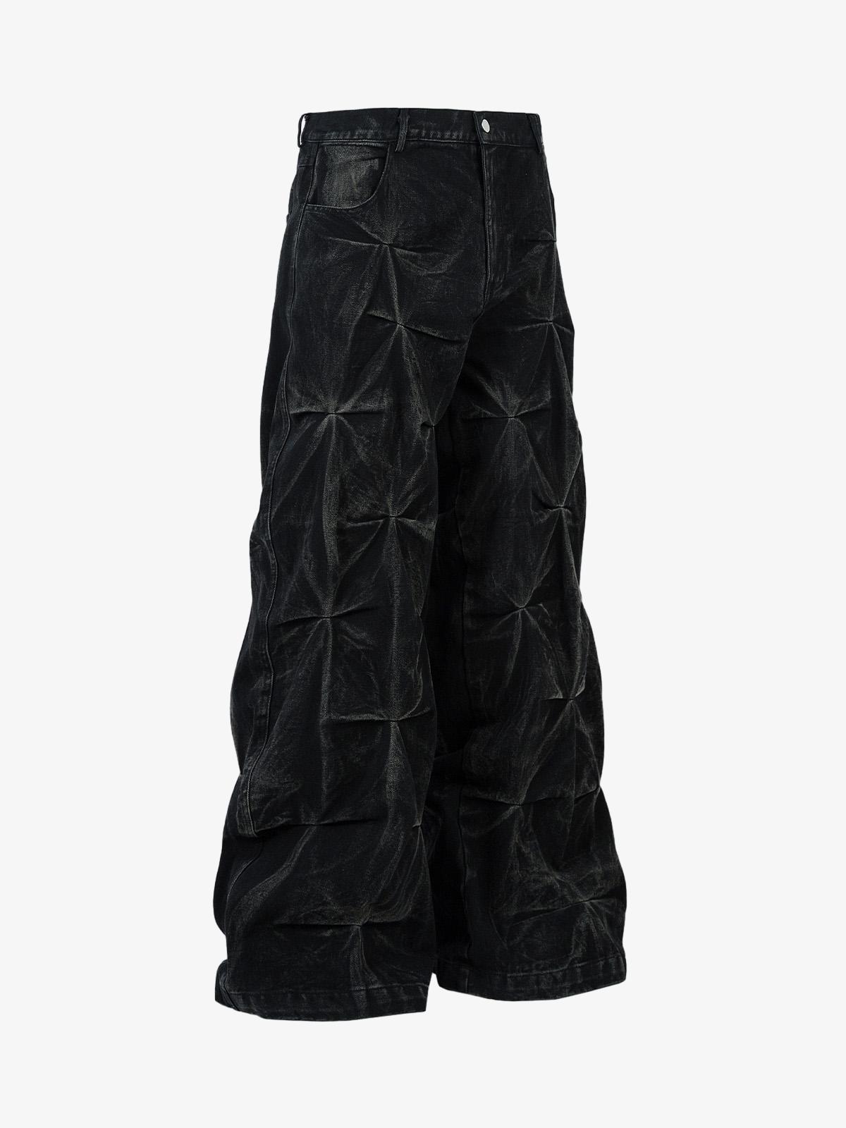 Denim Heavy Washed Distressed Pleated Baggy Jeans