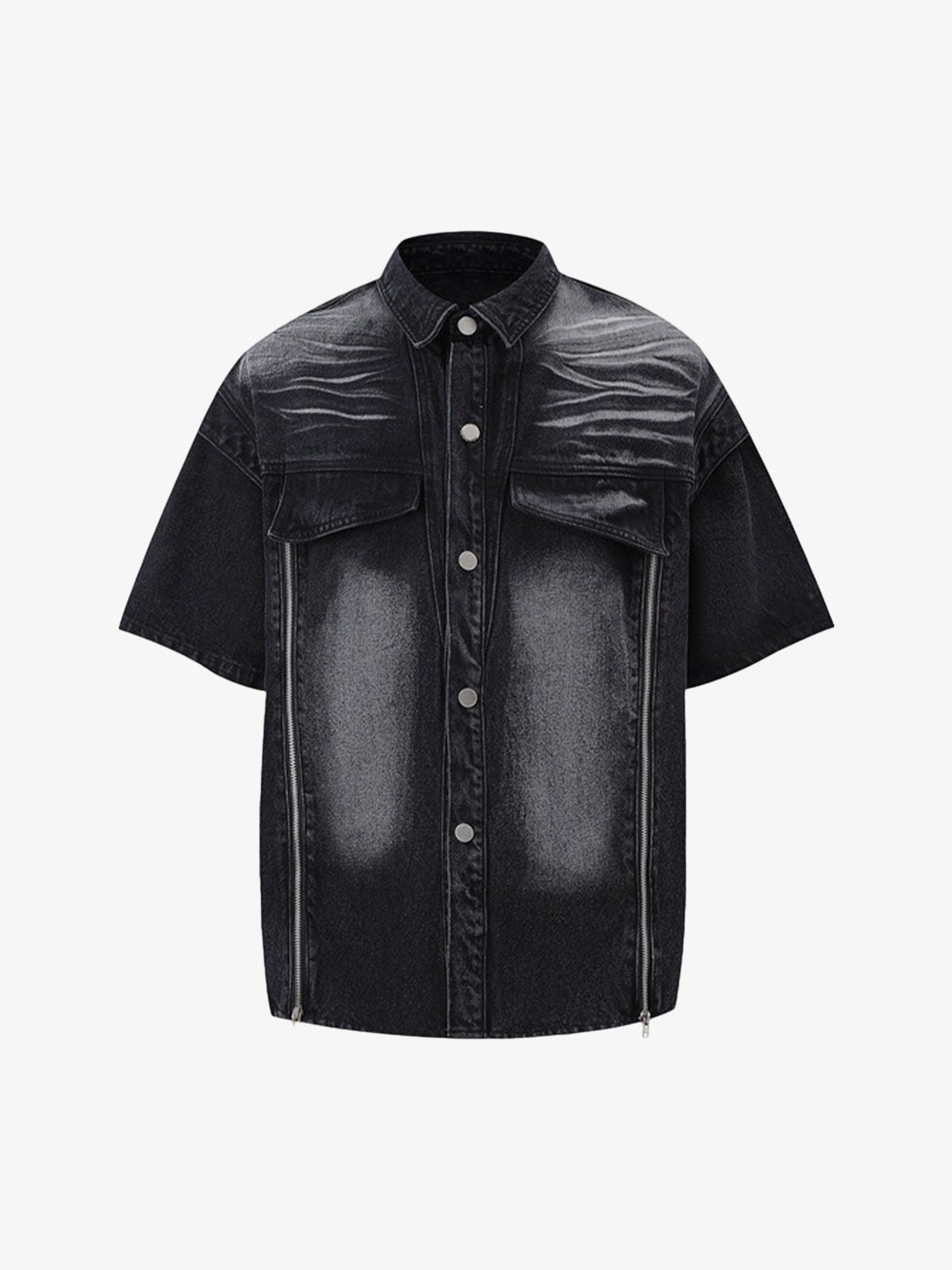 Distressed Washed Workwear Denim Shirt And Jorts Set