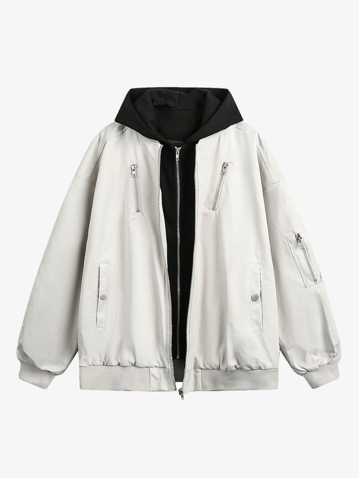 Faux Two-Piece Multi Pocket Spliced Hooded Bomber Jacket
