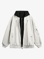 Faux Two-Piece Multi Pocket Spliced Hooded Bomber Jacket