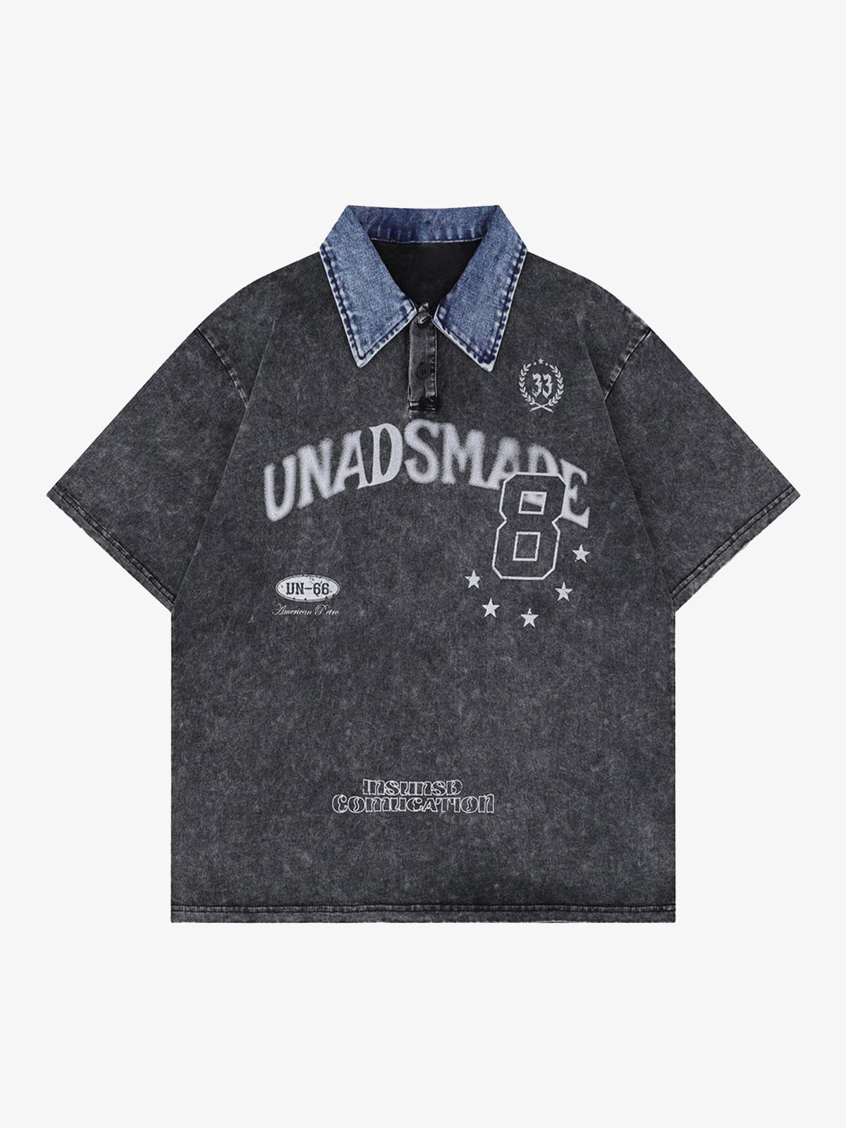 Distressed Embroidered Denim Collar Polo Shirt