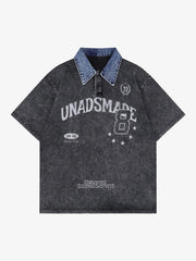 Distressed Embroidered Denim Collar Polo Shirt