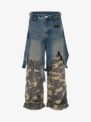 Retro Stitching Faux Two-Piece Camouflage Jeans