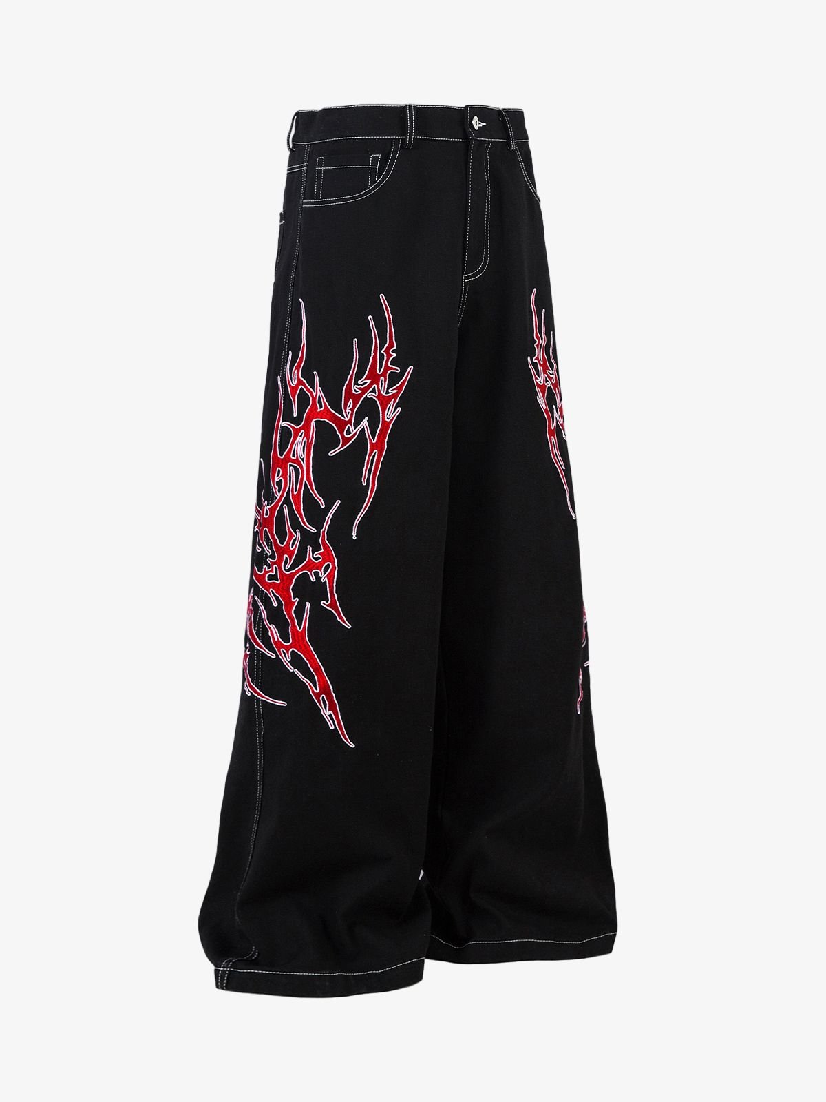 Contrast Flame Embroidered Baggy Jeans