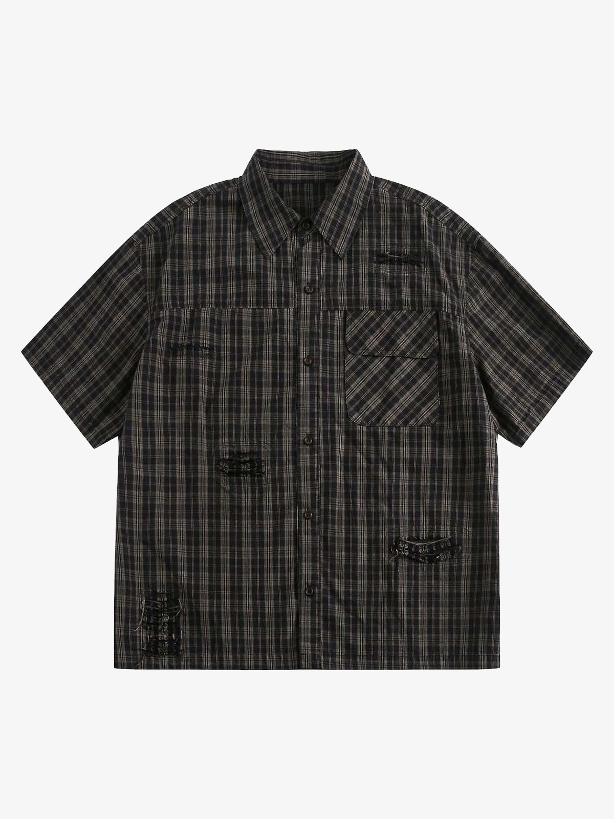 Distressed Plaid Short-Sleeve Shirt