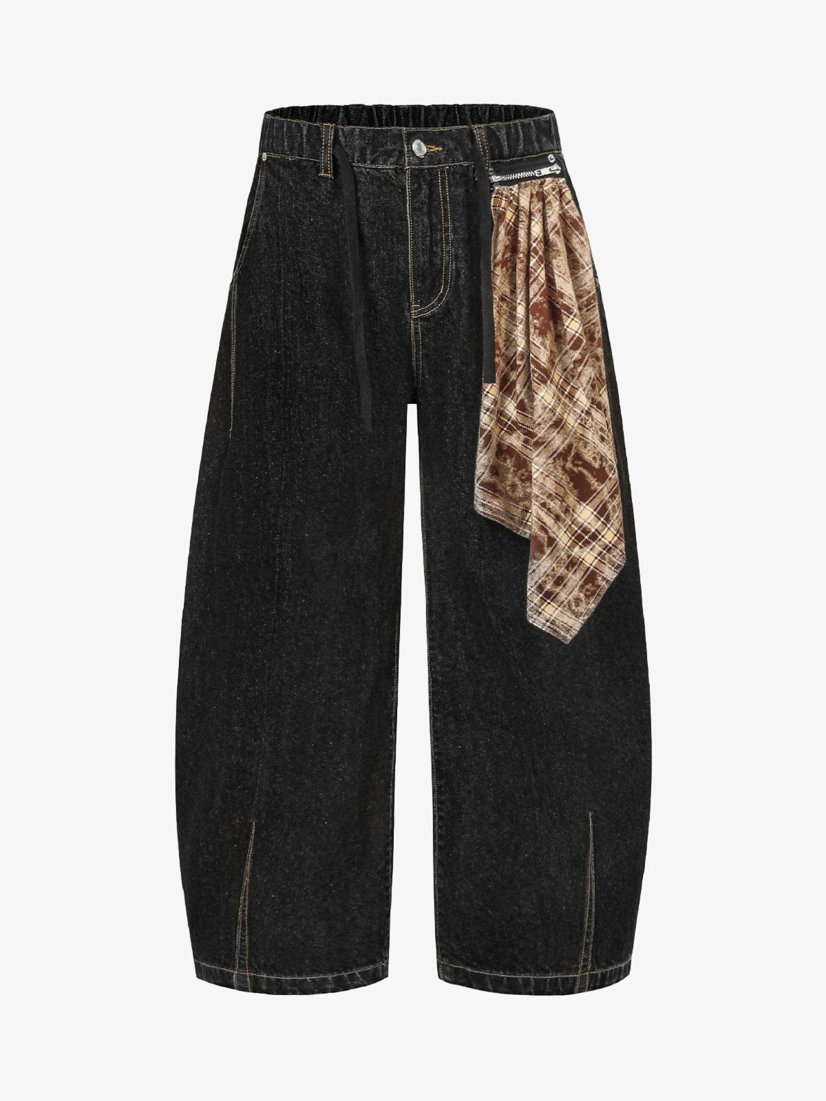 Patchwork Plaid Pleated Baggy Barrel Jeans