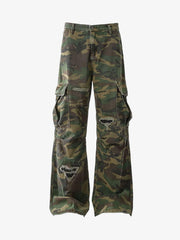 Woven Ripped Camouflage Flared Cargo Pants