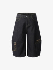 Washed Cheetah Print Patchwork Denim Jorts