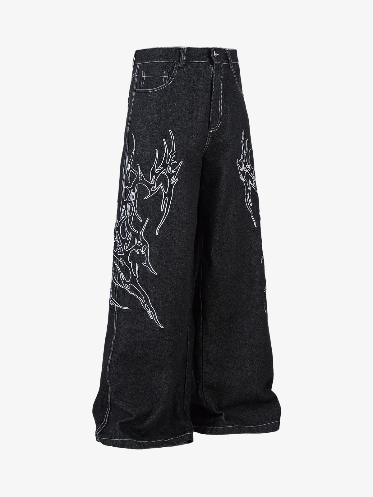 Denim Embroidered Flame Baggy Jeans