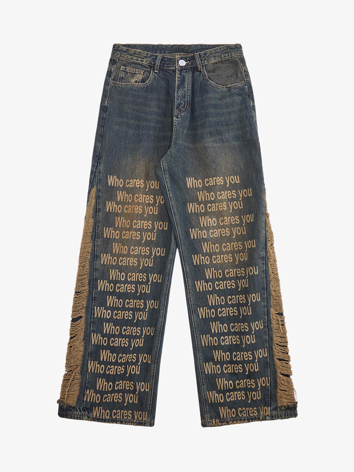 Washed Distressed 'Who Cares You' Print Straight Jeans