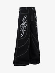 Deconstructed Contrast Embroidered Baggy Jeans
