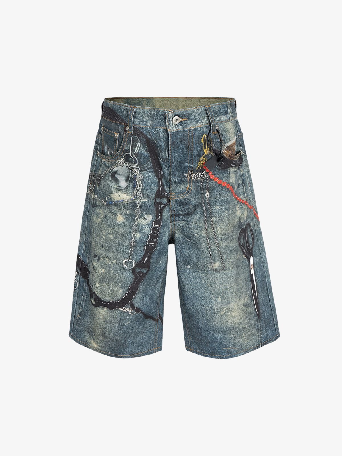 Retro Scissors Print Cropped Denim Shorts