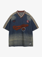 Denim Vintage Washed Distressed Gradient Embroidery T-Shirt