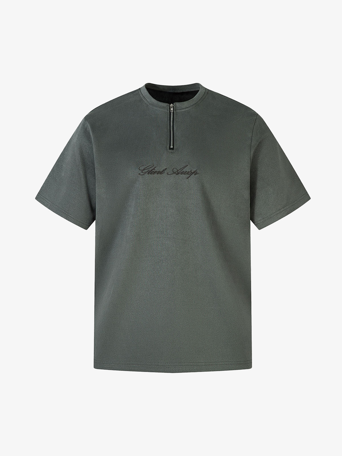 Retro Quarter Zip Up Suede Embroidered T-shirt